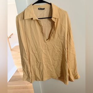 Zara silk blouse v neck collared tan color great w jeans sz m $49
